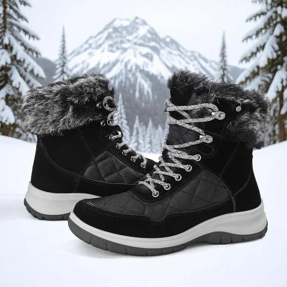 Women's Black Waterproof Insulated Snow Boots Lace-Up Winter Booties - Picture 3 of 5